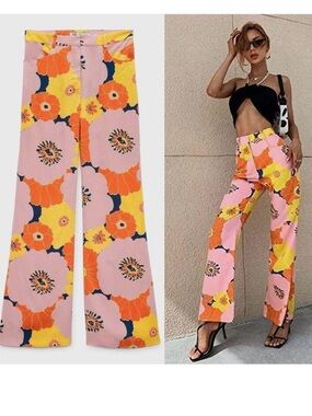 Zara Pink Wide-Leg Floral Trousers with Orange and Yellow Blooms